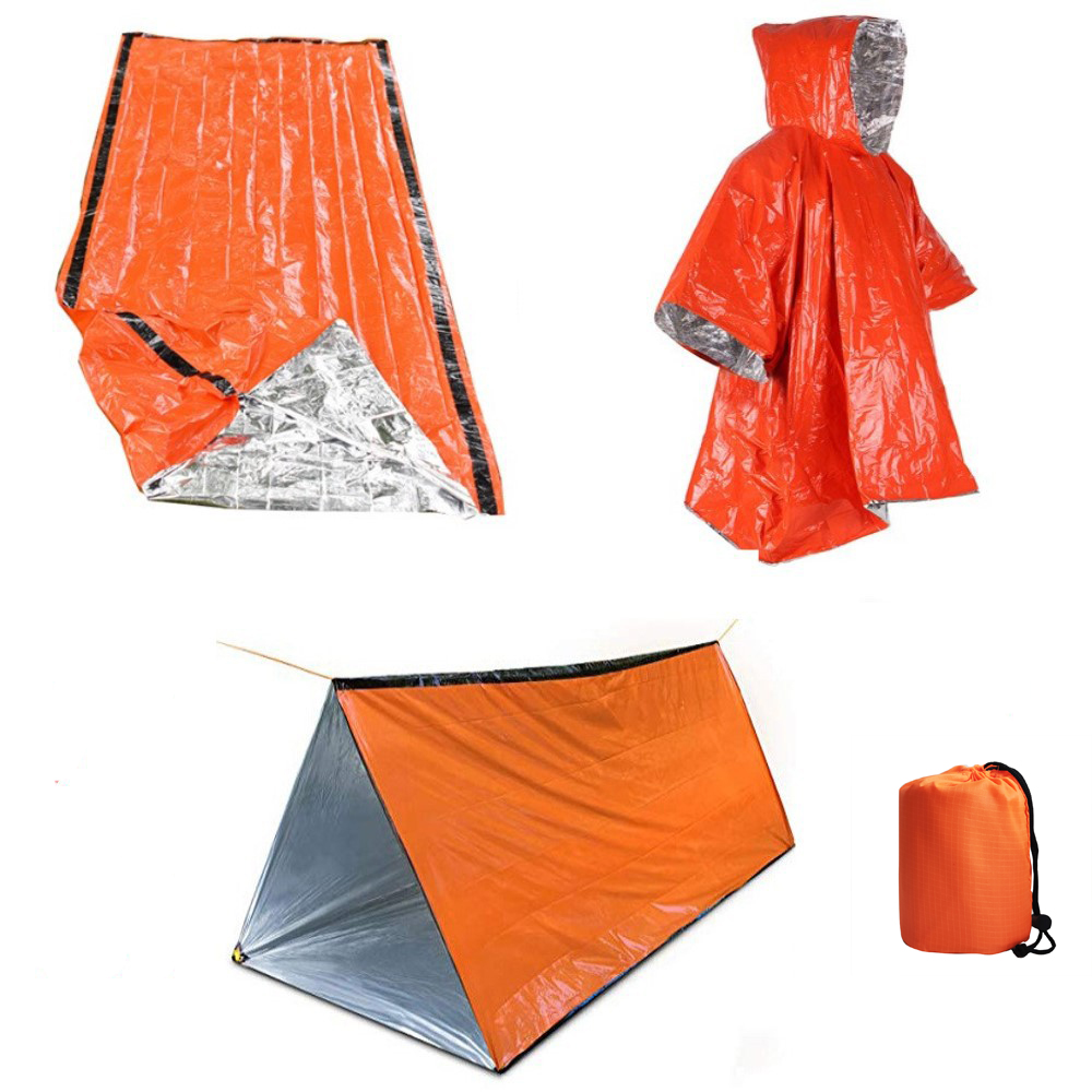 Thermal emergency survival kit including survival blankets rain poncho and sleeping bag with aluminum foil