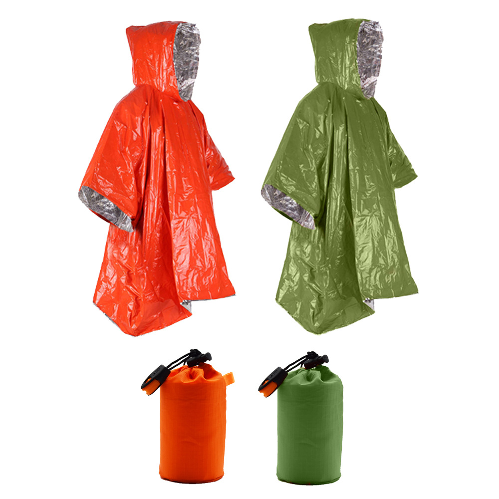 Emergency survival rain coat with thermal foil